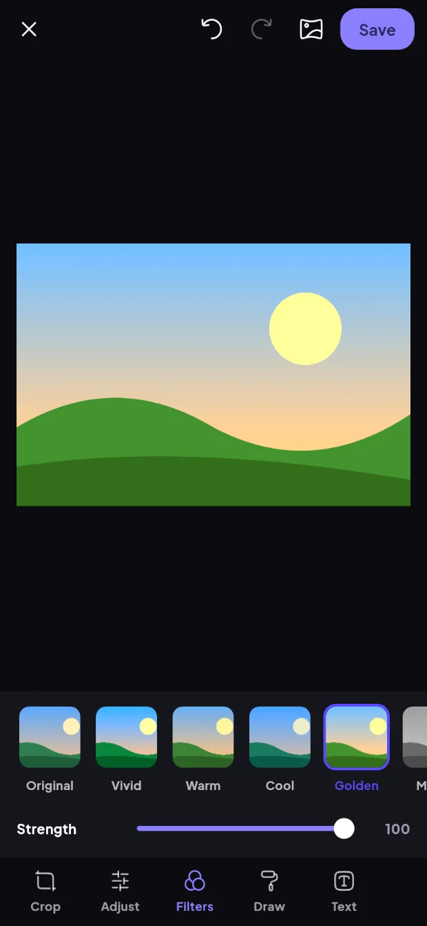 Photo editor with filters and strength slider