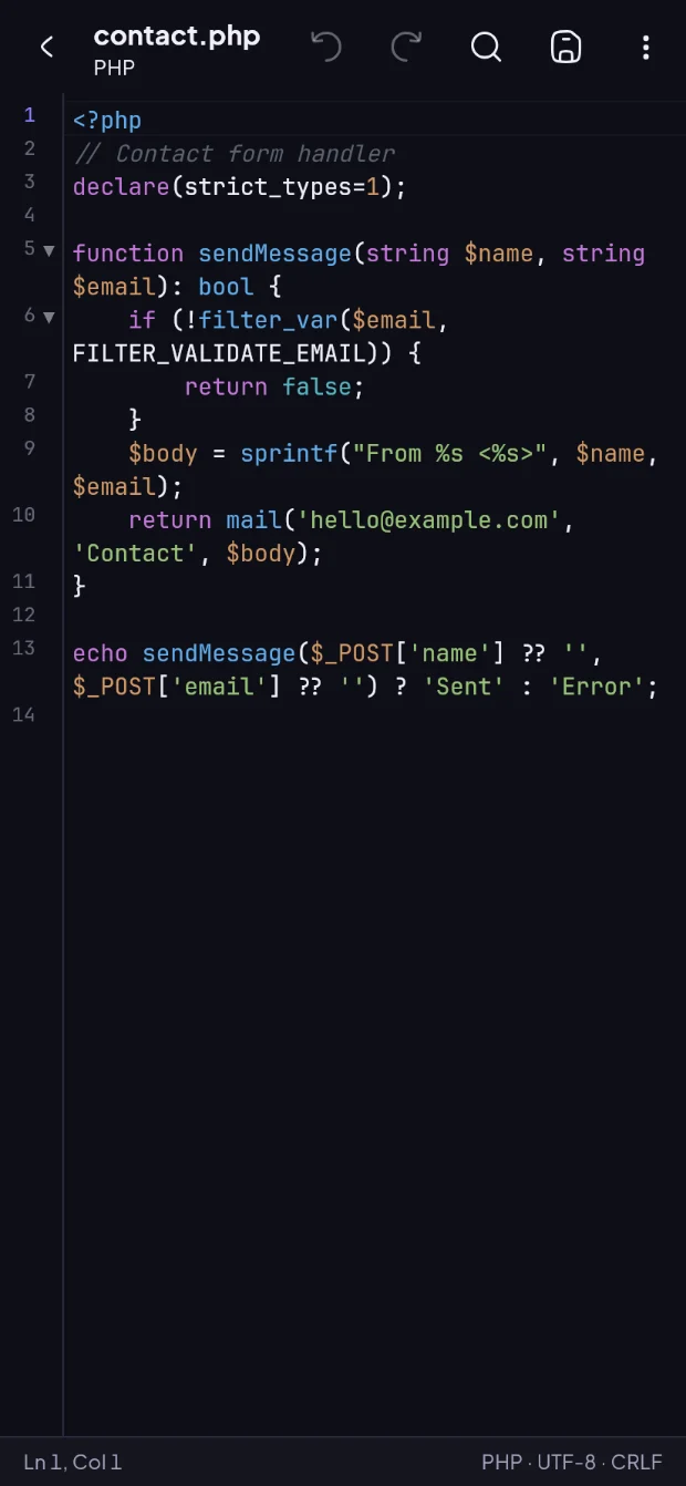 Code editor showing a PHP file with syntax highlighting in dark mode