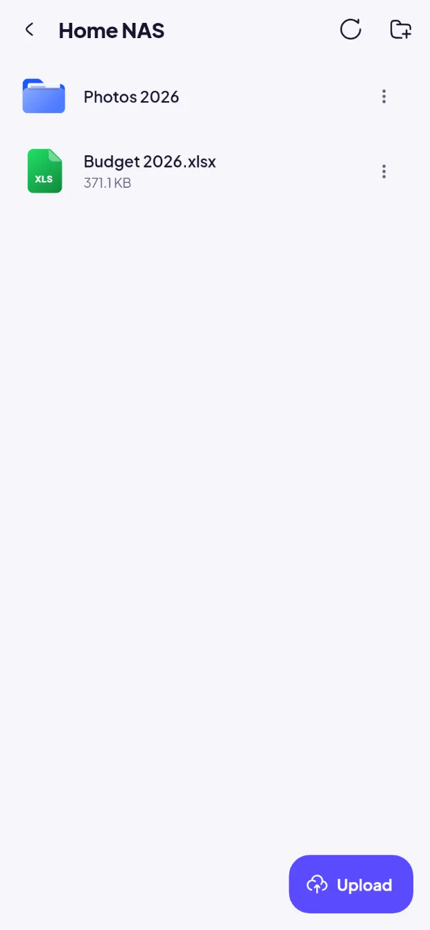 A server folder open in File Manager with an Upload button