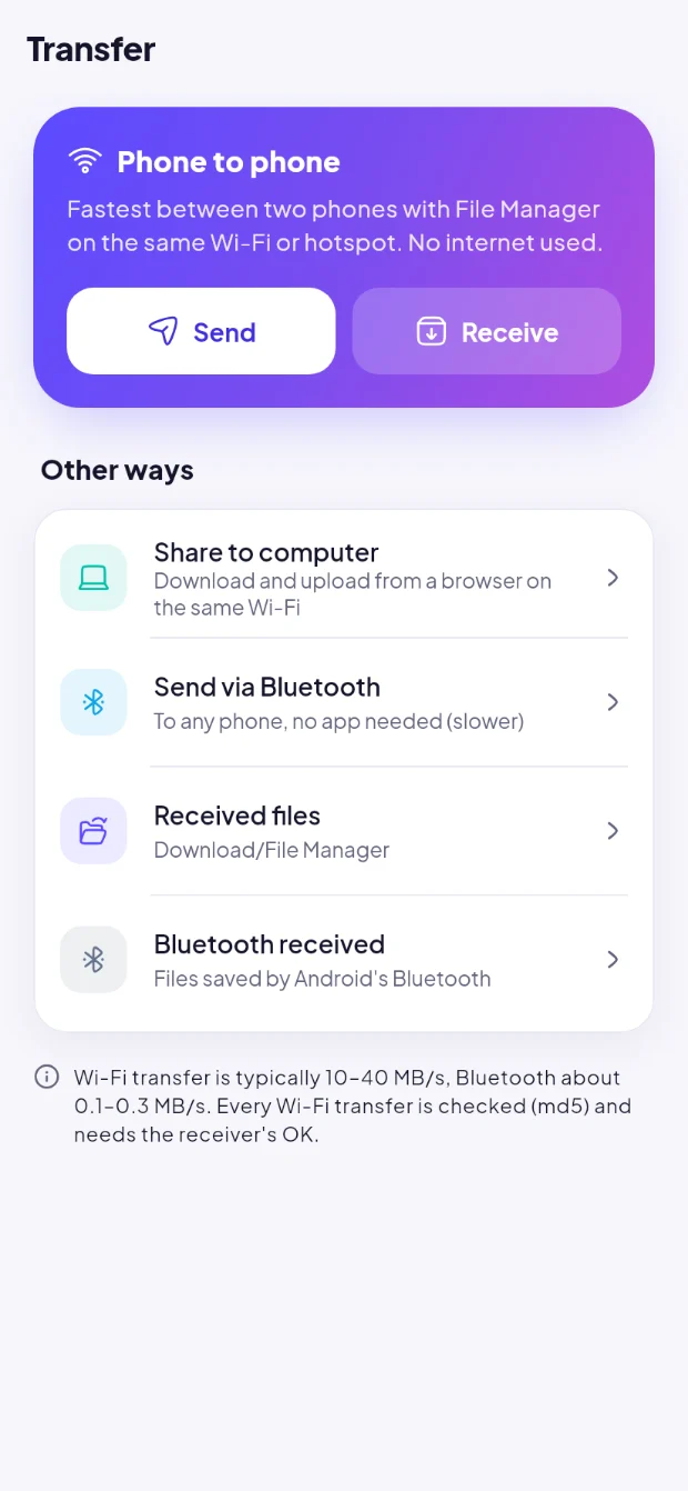 Transfer screen with phone to phone, computer and Bluetooth options